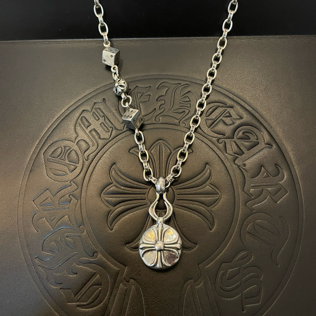 Chrome Hearts Sterling Silver Multi - Charm Necklace (Round Medallion & Dice Accents) CH - MCM01