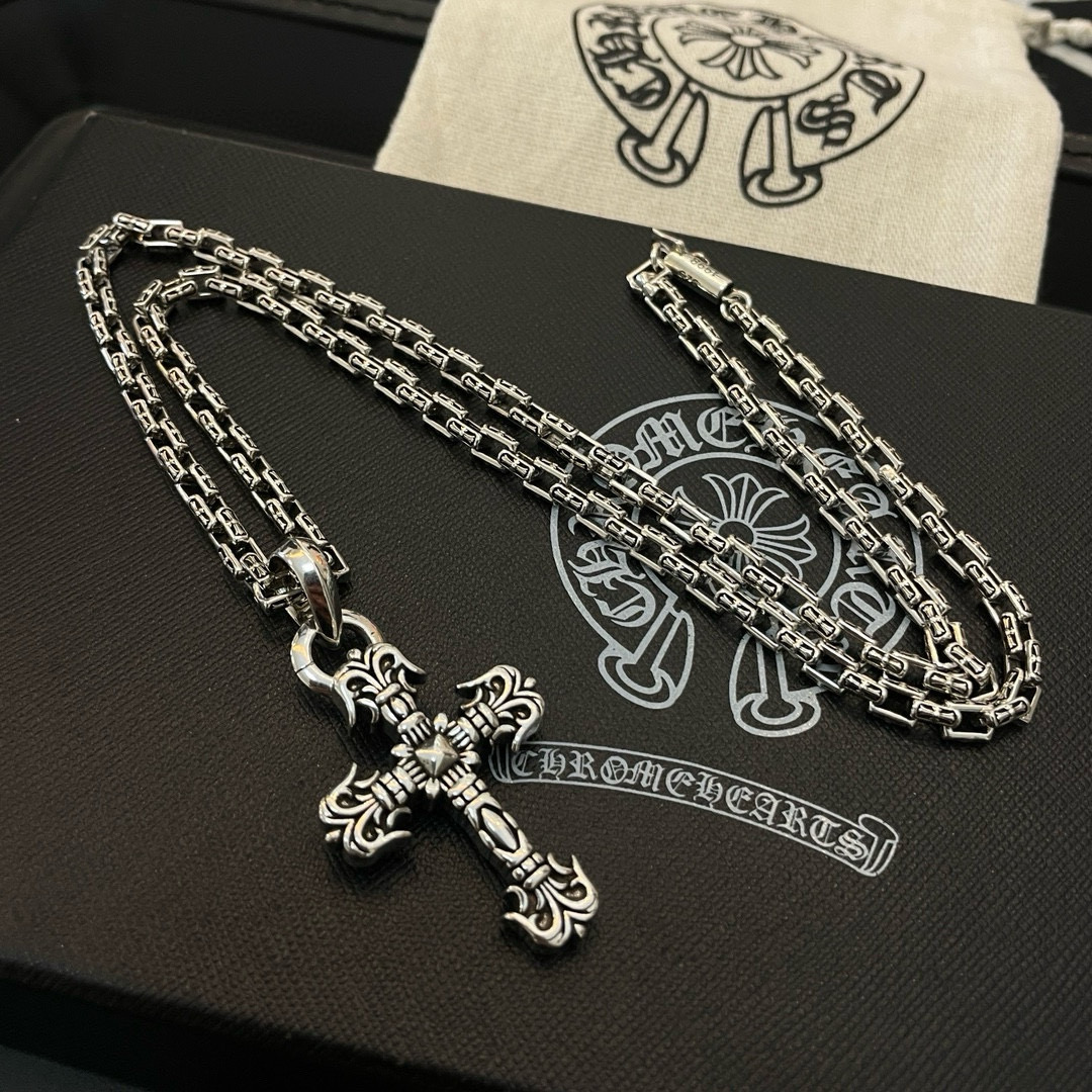 Chrome Hearts Sterling Silver Ornate Cross Pendant Necklace (Rectangular Link Chain) CH - CRO2