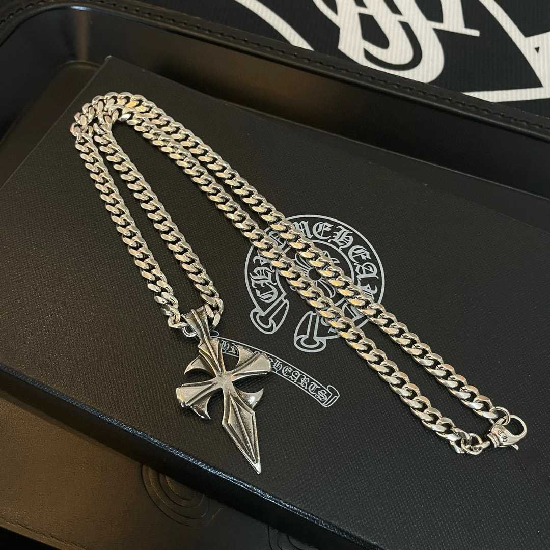 Chrome Hearts Sterling Silver Gothic Cross Pendant Necklace (Cuban Link Chain) CH - CRG01