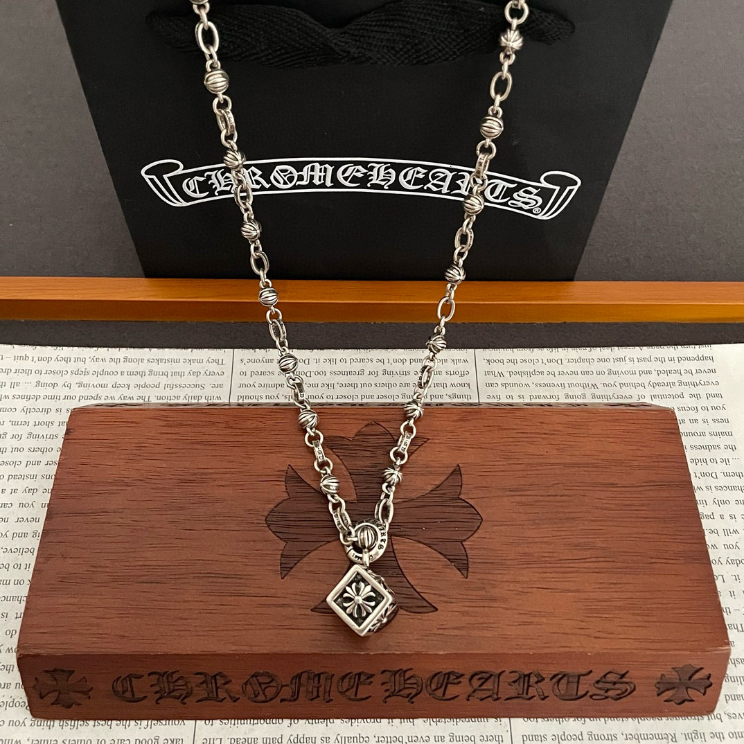 Chrome Hearts Sterling Silver Cube - Shaped Cross Pendant Necklace (Mixed - Link Chain) CH - CUB01