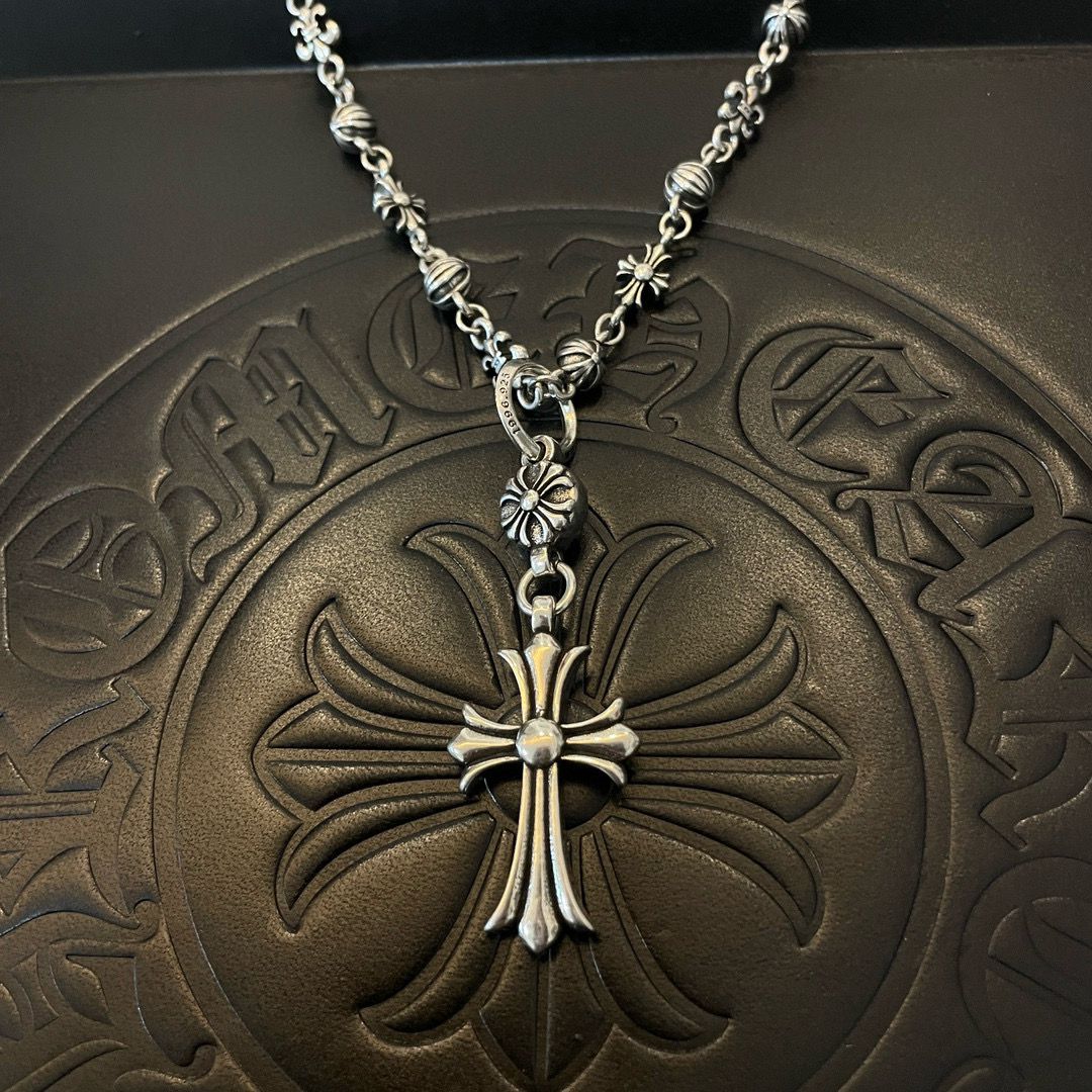 Chrome Hearts Sterling Silver Gothic Cross Pendant Necklace (Ornate Mixed - Link Chain) CH - CRO1
