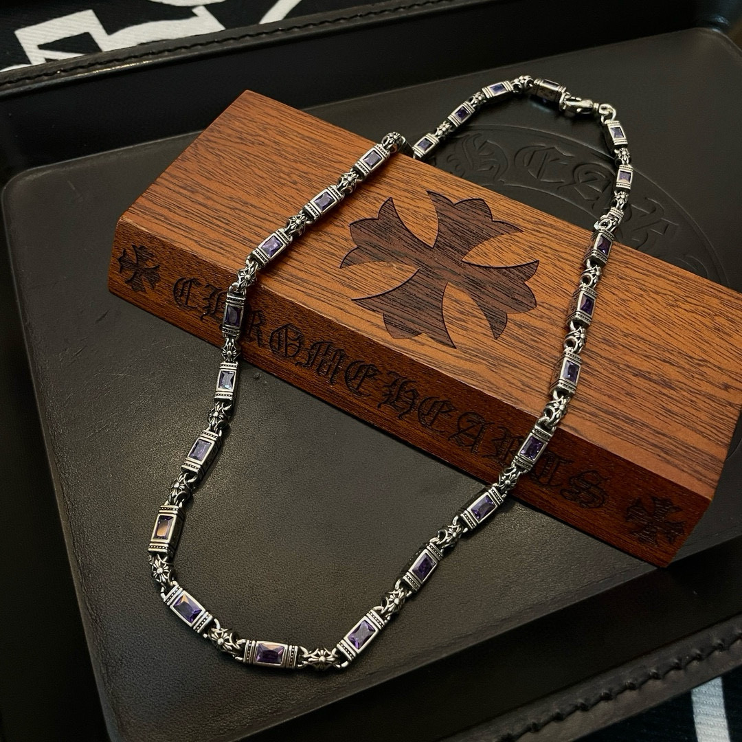 Chrome Hearts Sterling Silver Purple Gem - Inlaid Engraved Chain Necklace CH - PGC01