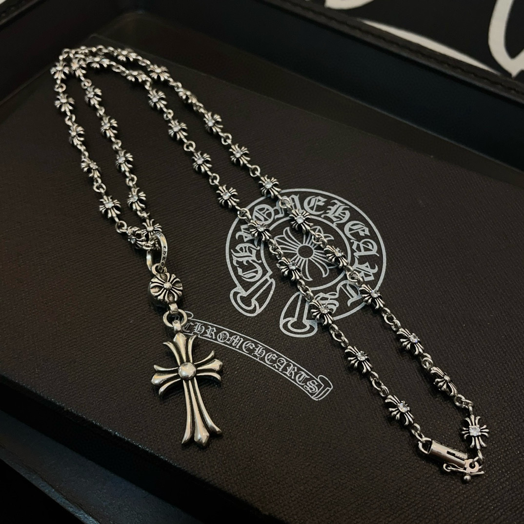 Chrome Hearts Sterling Silver Cross Pendant Necklace (Floral - Motif Chain) CH - CFL01