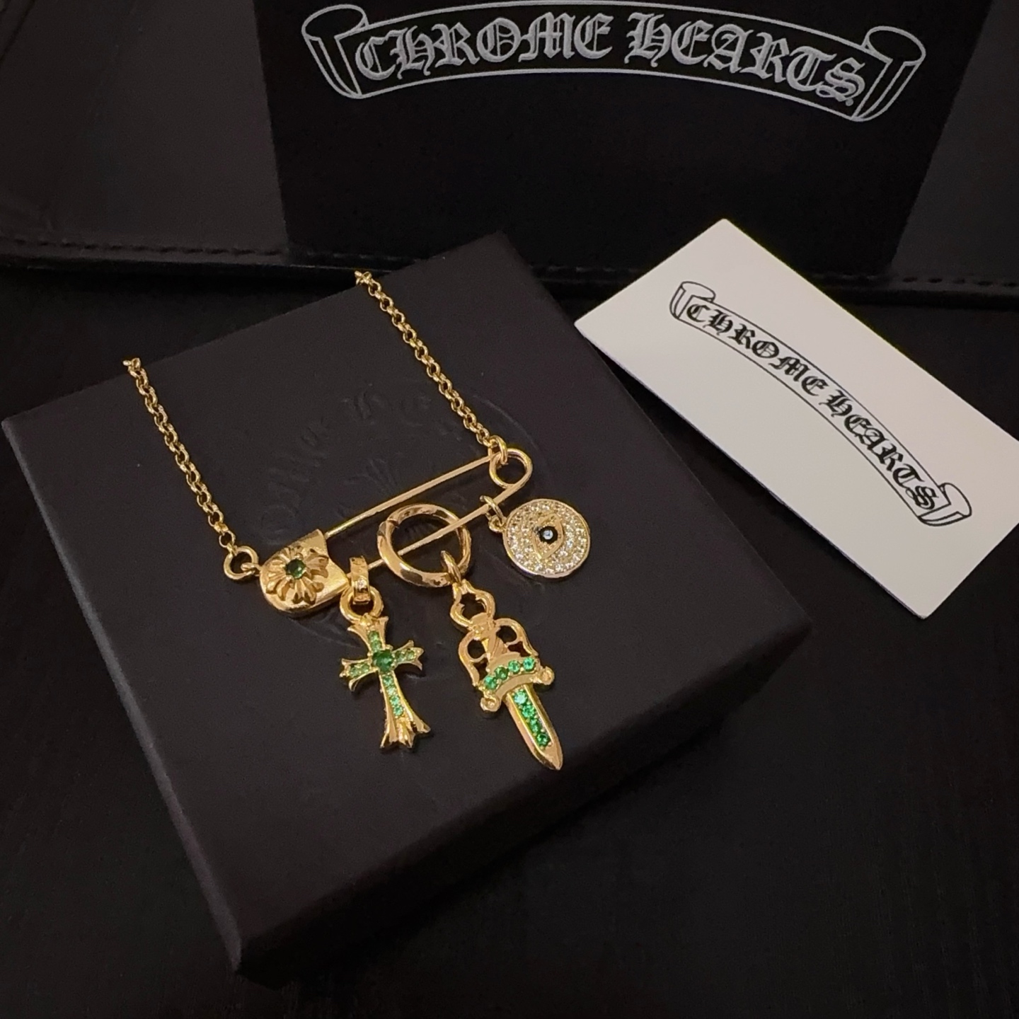 Chrome Hearts Gold - Plated Sterling Silver Multi - Pendant Necklace (Safety Pin, Green Gem Cross, Sword, Diamond Disk) CH - GSGP01