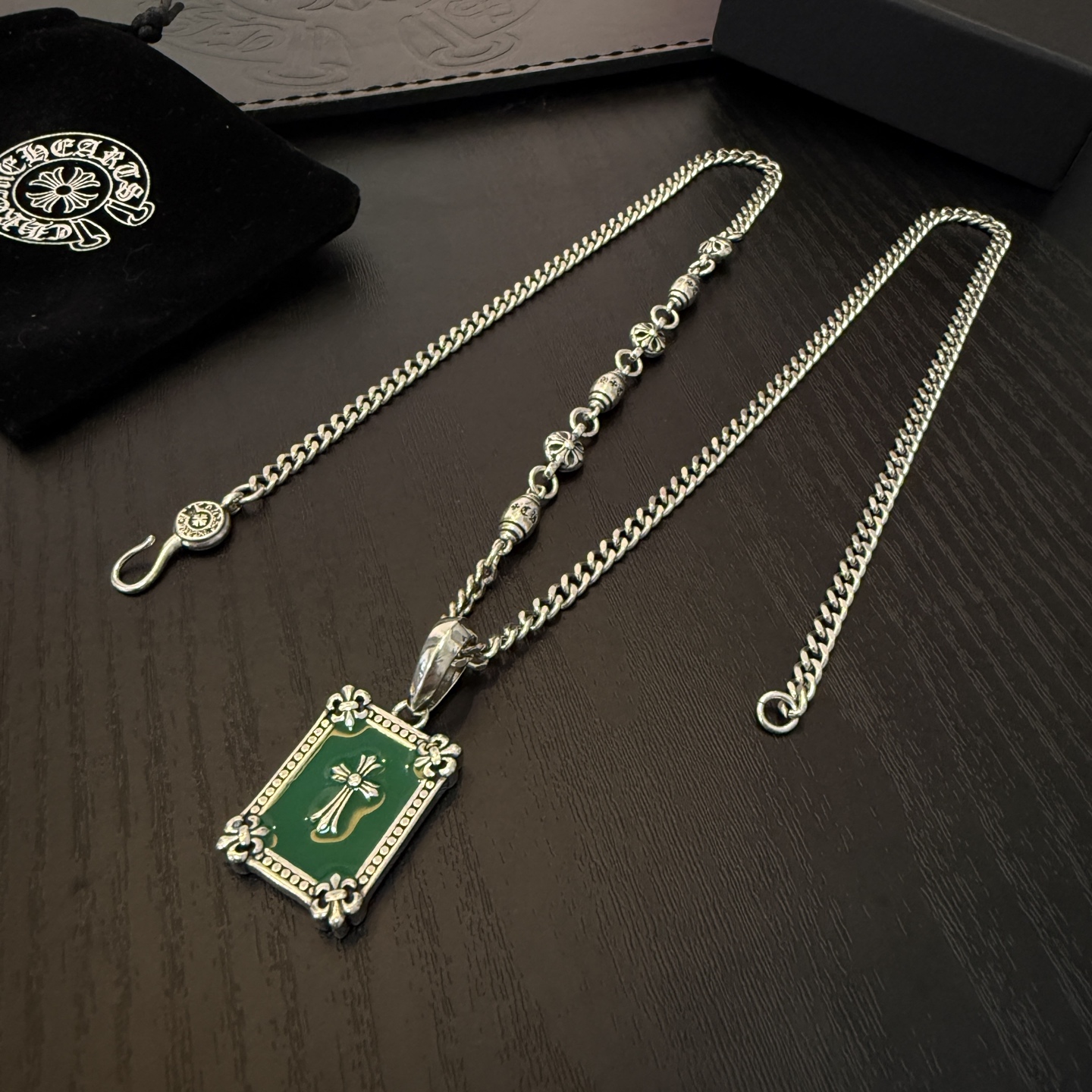 Chrome Hearts Sterling Silver Green Enamel Cross Rectangular Pendant Necklace CH - REC01
