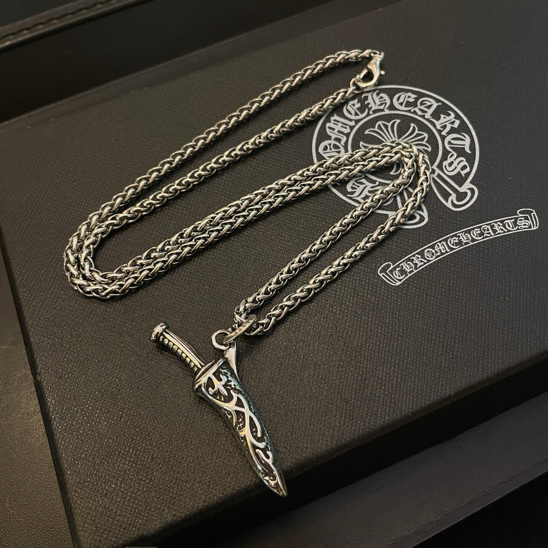 Chrome Hearts Sterling Silver Engraved Dagger Pendant Necklace (Twisted Chain) CH - DAG01