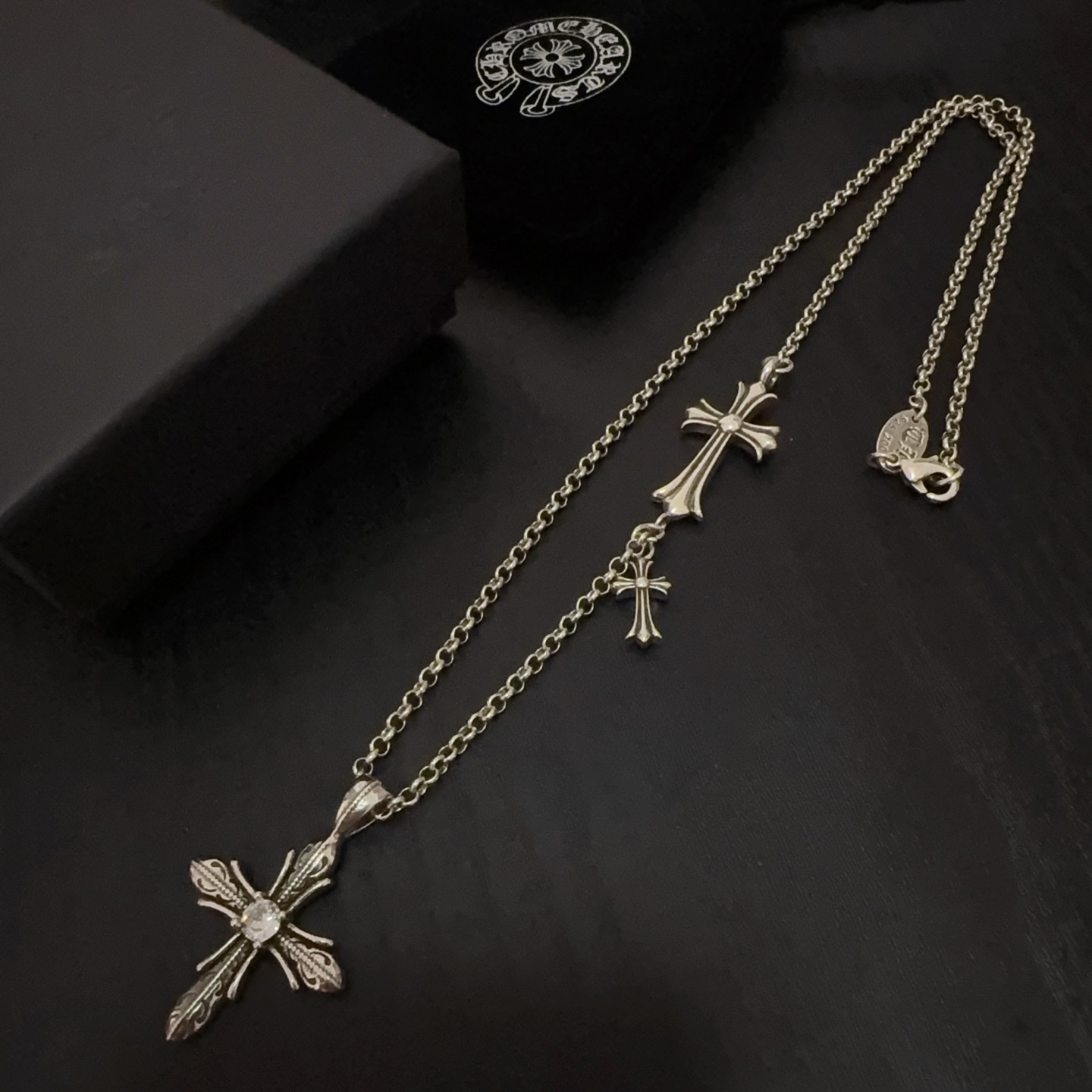 Chrome Hearts Sterling Silver Multi - Cross Pendant Necklace (Central Diamond Accent) CH - MXC01