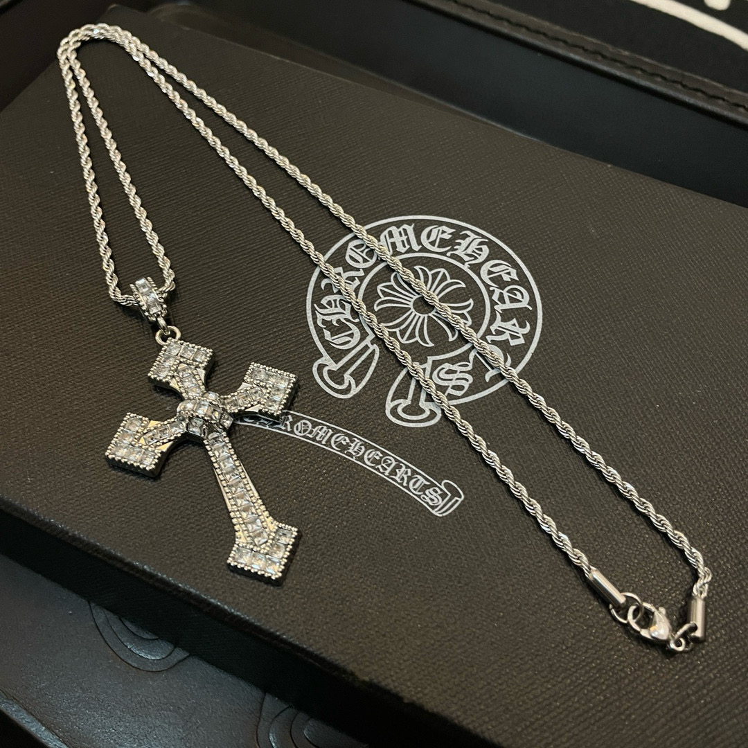 Chrome Hearts Sterling Silver Baguette Diamond Cross Pendant Necklace CH - BXC01