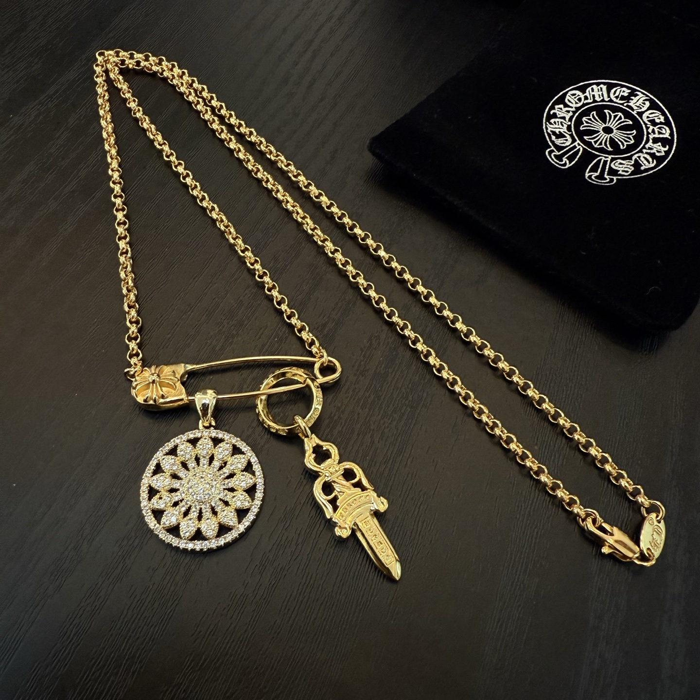 Chrome Hearts Gold - Plated Sterling Silver Multi - Pendant Necklace (Safety Pin, Diamond Floral Disk, Sword) CH - SPS01