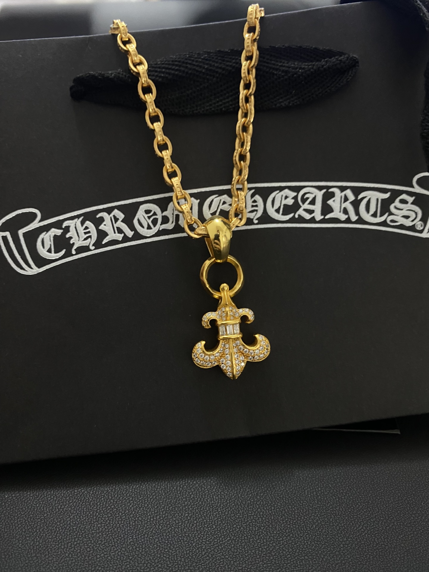 Chrome Hearts Gold - Plated Sterling Silver Diamond - Encrusted Fleur - de - Lis Pendant Necklace CH - FDL01
