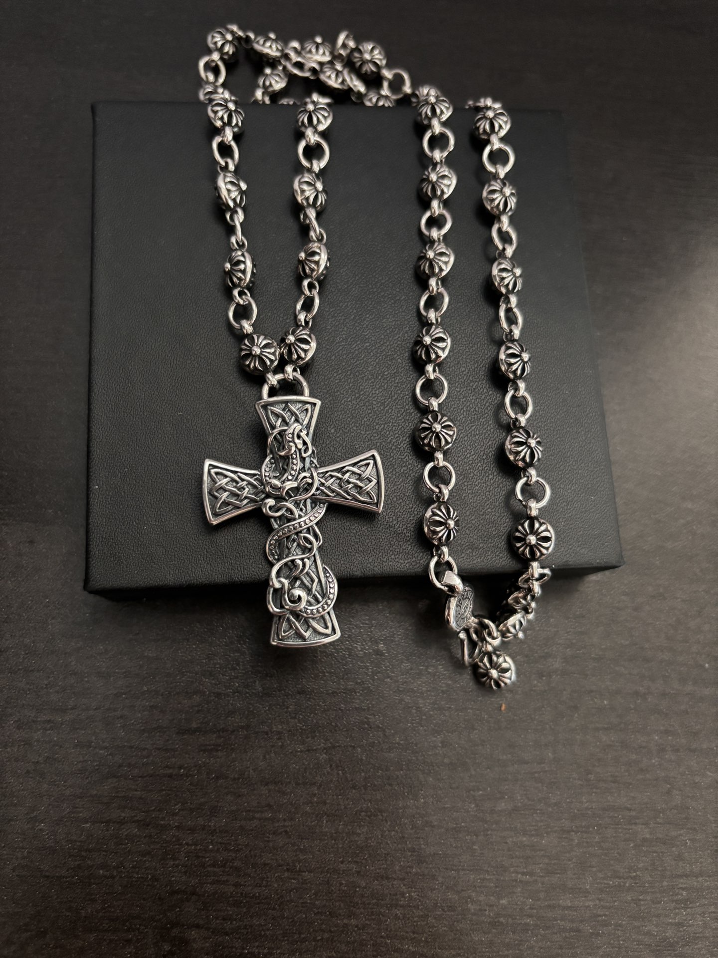 Chrome Hearts Sterling Silver Snake - Entwined Cross Pendant Necklace (Floral - Detailed Chain) CH - SNC01