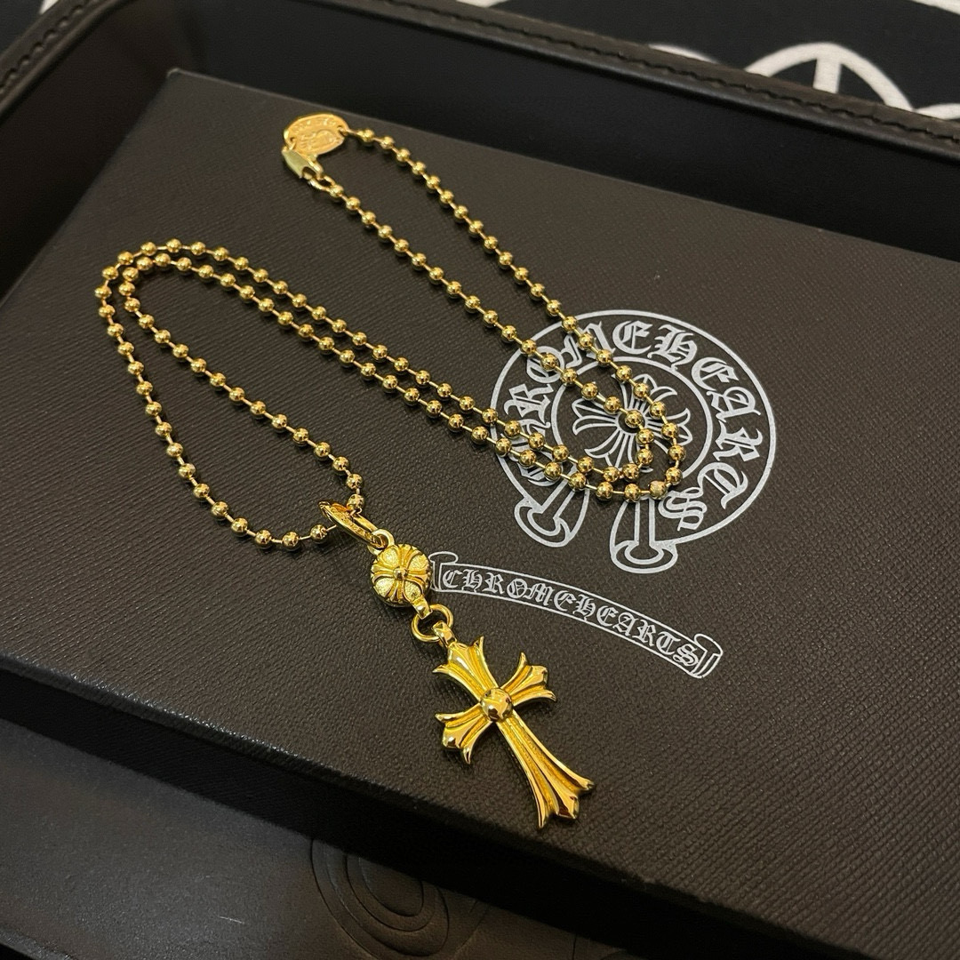 Chrome Hearts Gold - Plated Sterling Silver Gothic Cross Pendant Necklace (Ball Chain) CH - GC01