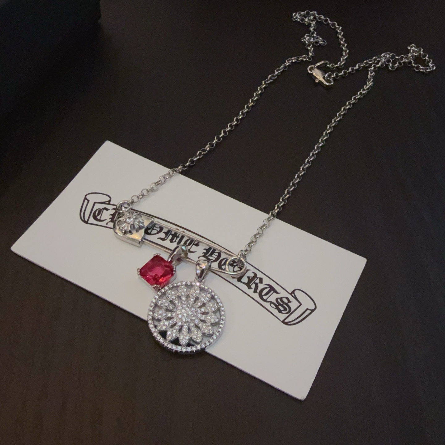 Chrome Hearts Sterling Silver Multi - Pendant Necklace (Safety Pin, Ruby Gem, Diamond Sun - Disk) CH - SPSD01