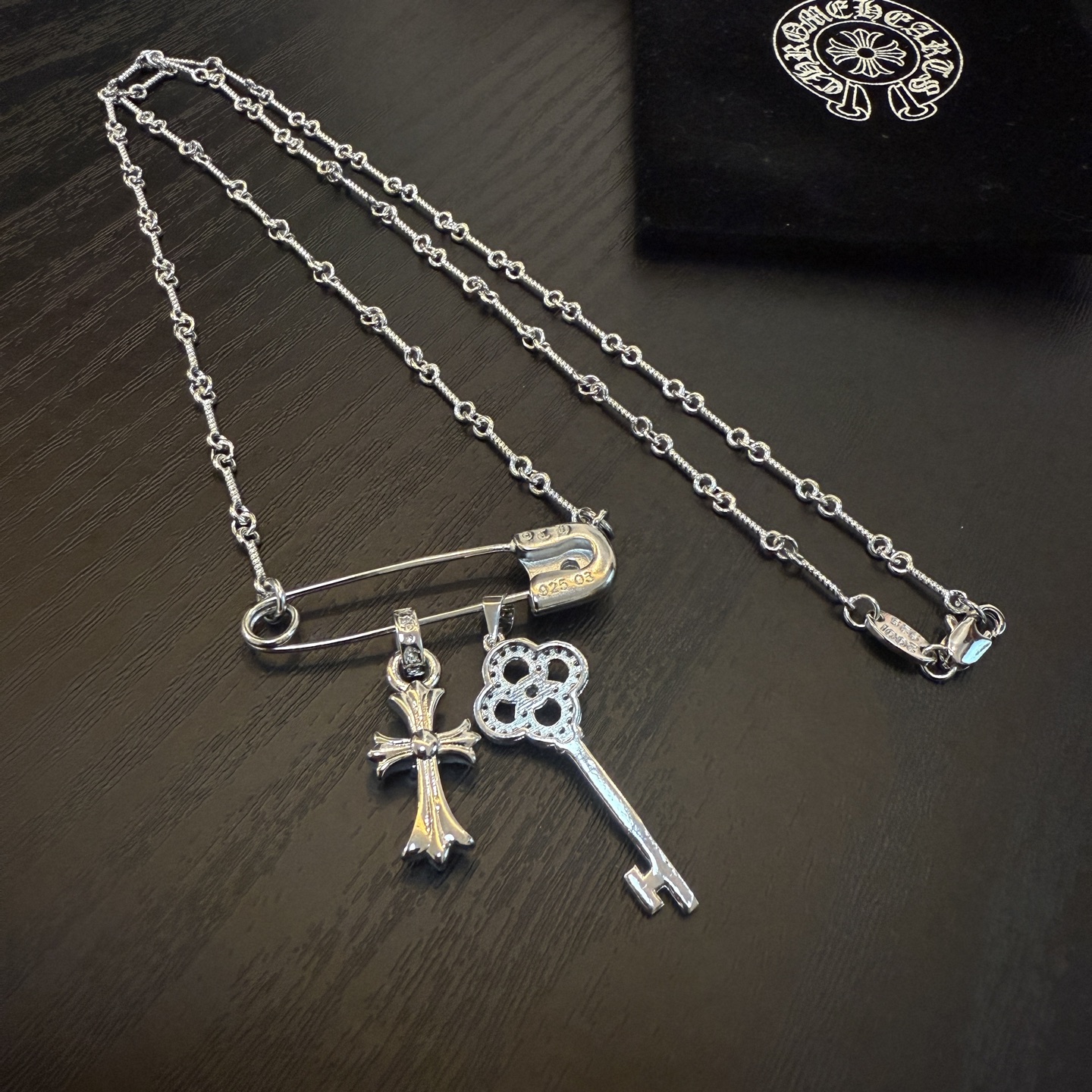 Chrome Hearts Sterling Silver Multi - Pendant Necklace (Safety Pin, Diamond - Encrusted Key & Cross) CH - SPKC01