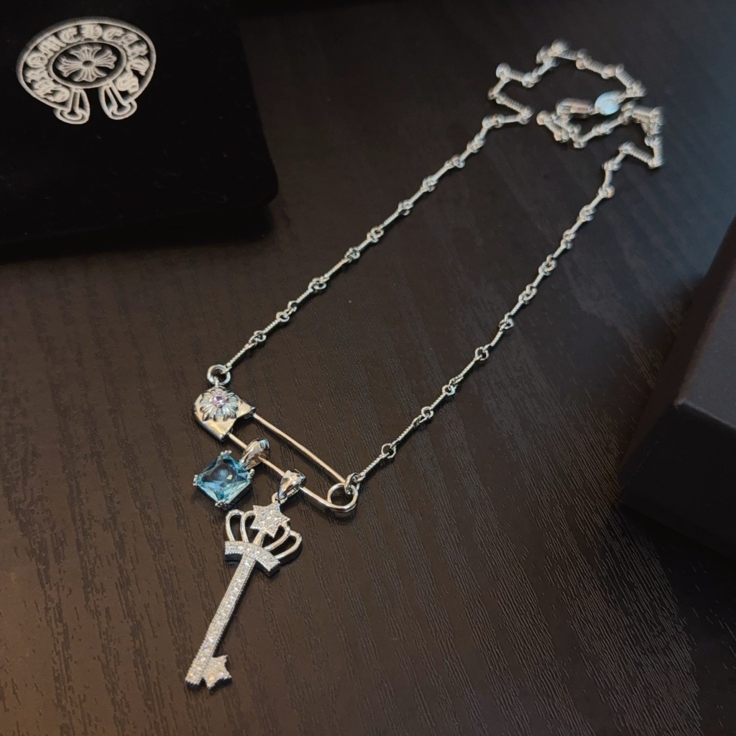 Chrome Hearts Sterling Silver Multi - Pendant Necklace (Safety Pin, Blue Gem, Diamond - Encrusted Key) CH - SPK01