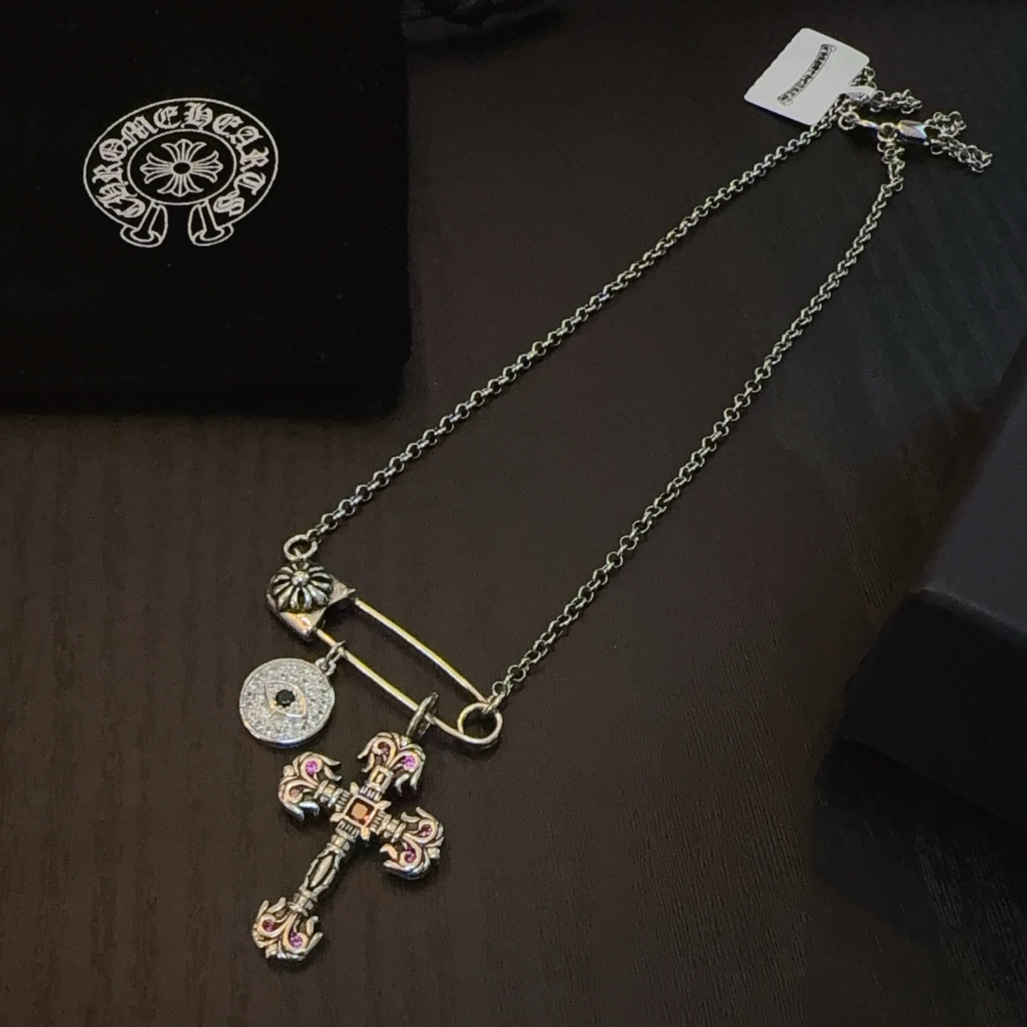 Chrome Hearts Sterling Silver Multi - Pendant Necklace (Safety Pin, Gem - Accented Cross, Engraved Disk) CH - SPX01
