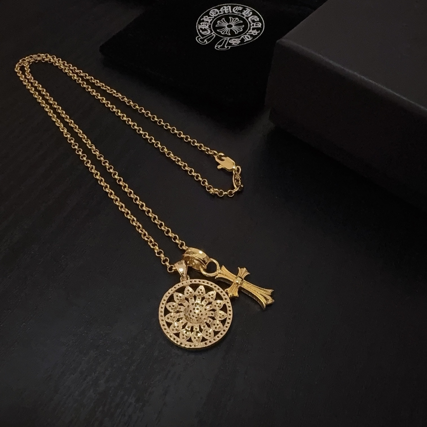 Chrome Hearts Gold - Plated Sterling Silver Diamond - Encrusted Cross & Floral Disk Pendant Necklace CH - GF01