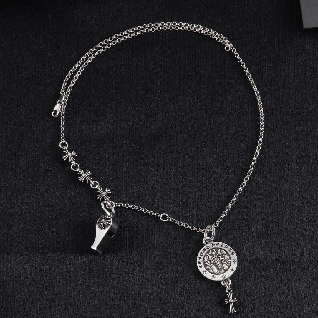 Chrome Hearts Sterling Silver Multi - Pendant Necklace (Whistle, Engraved Medallion, Cross) CH - WM01