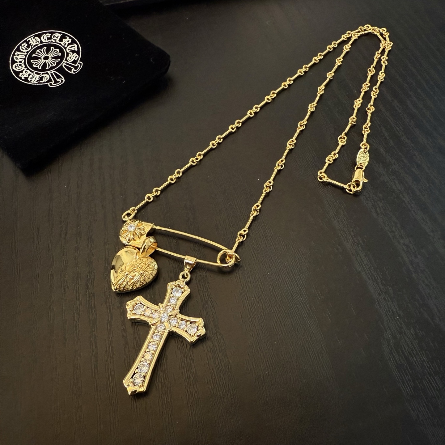 Chrome Hearts Gold - Plated Sterling Silver Multi - Pendant Necklace (Safety Pin, Engraved Heart, Diamond Cross) CH - GP01