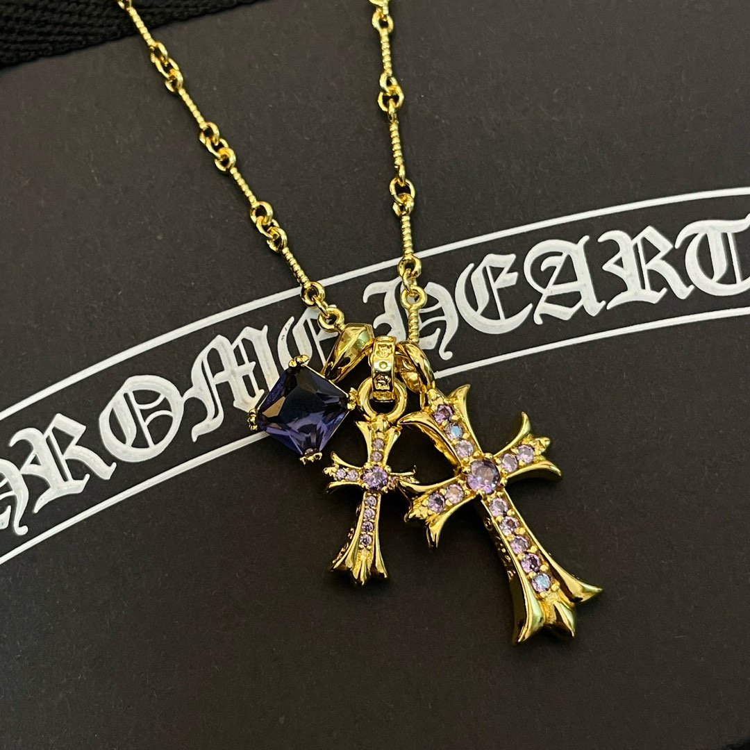Chrome Hearts Gold - Plated Sterling Silver Gem - Encrusted Dual Cross & Square Stone Pendant Necklace CH - GC01