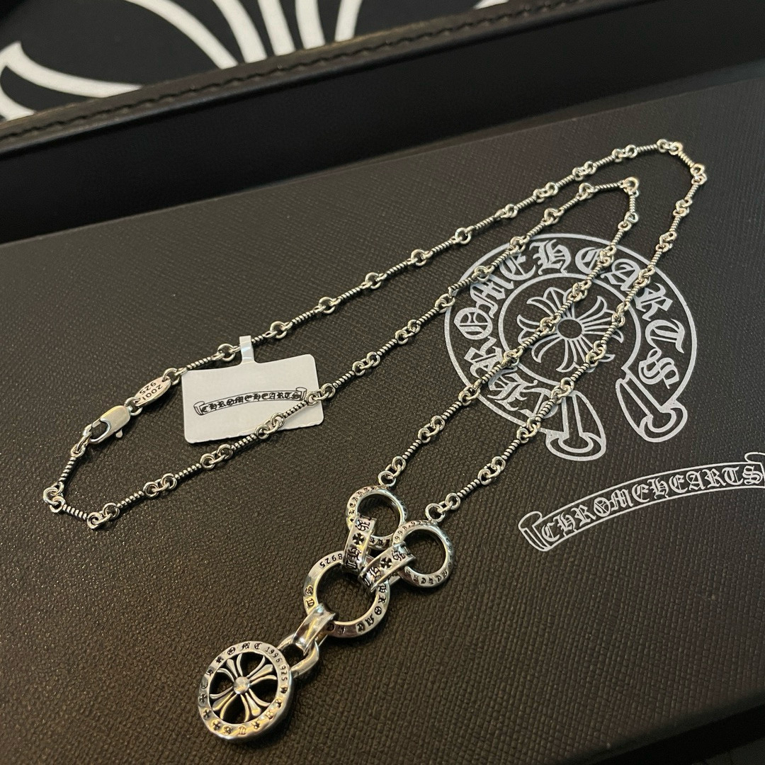 Chrome Hearts Sterling Silver Linked - Ring & Cross Pendant Chain Necklace CH - LR01