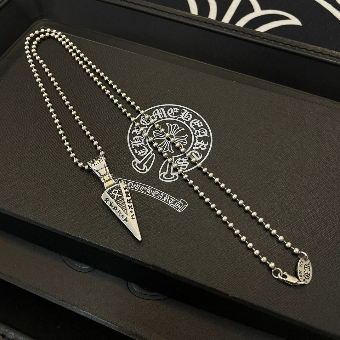 Chrome Hearts Sterling Silver Engraved Spear - Shaped Pendant Necklace (Ball Chain) CH - SPR01