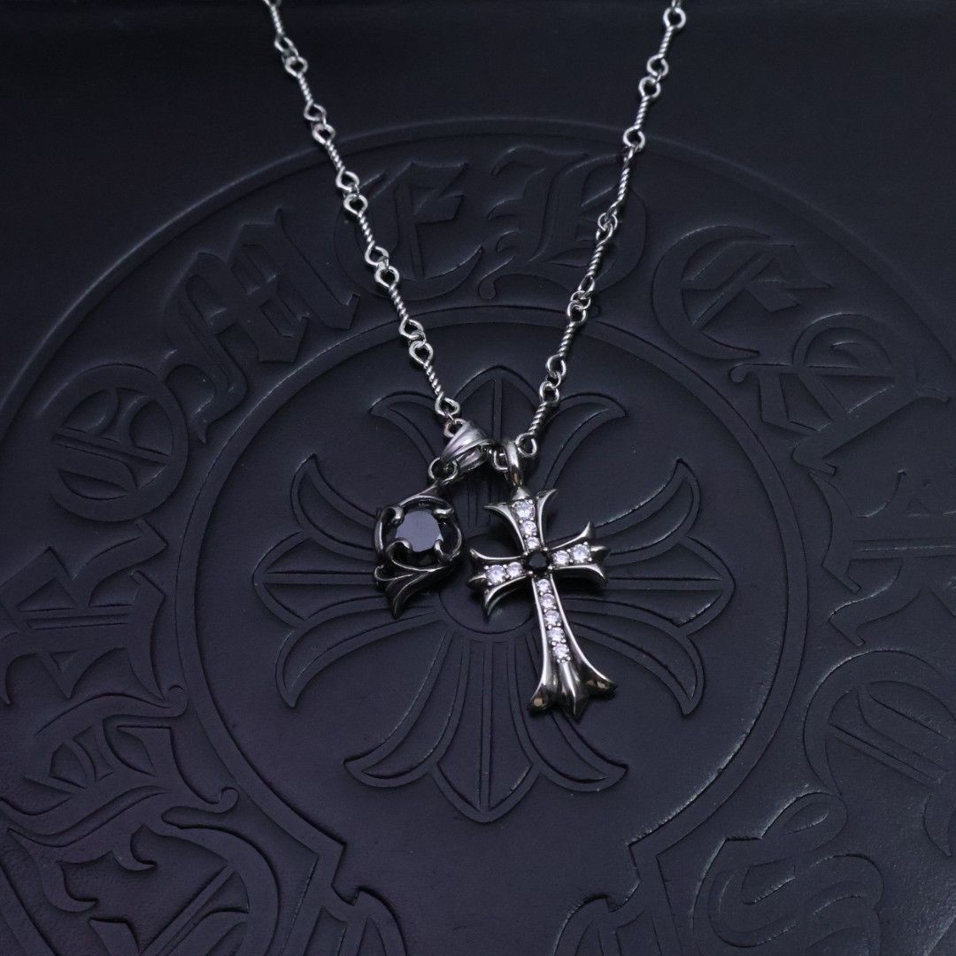 Chrome Hearts Sterling Silver Cross & Black Gem Heart Pendant Necklace (Diamond Accents) CH - CR08