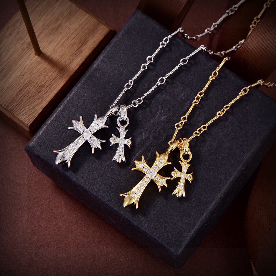 Chrome Hearts Gold/Silver - Plated Sterling Silver Diamond - Encrusted Double Cross Pendant Necklace Set CH - CR07
