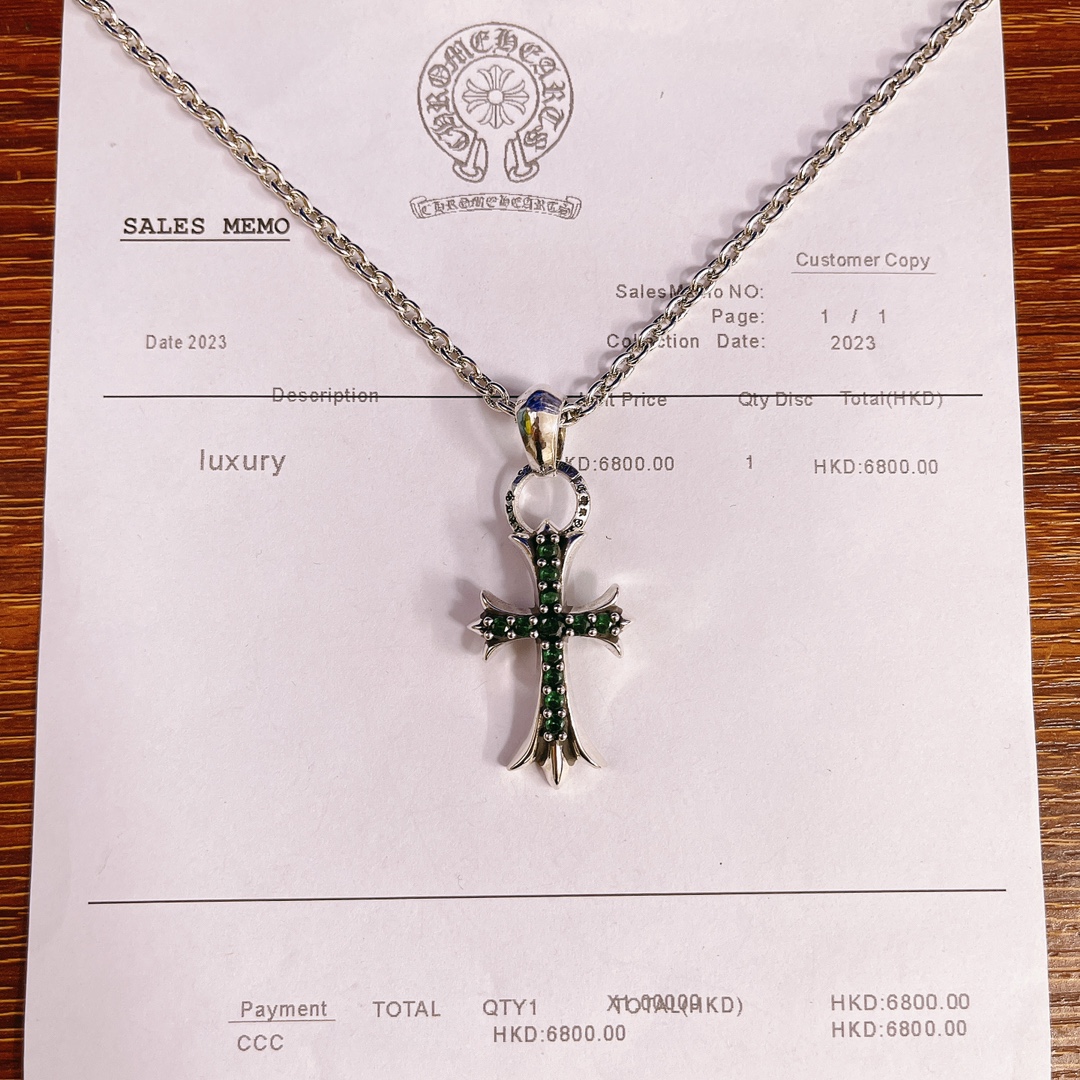 Chrome Hearts Sterling Silver Green Gem - Encrusted Ankh - Cross Pendant Necklace CH - CR03