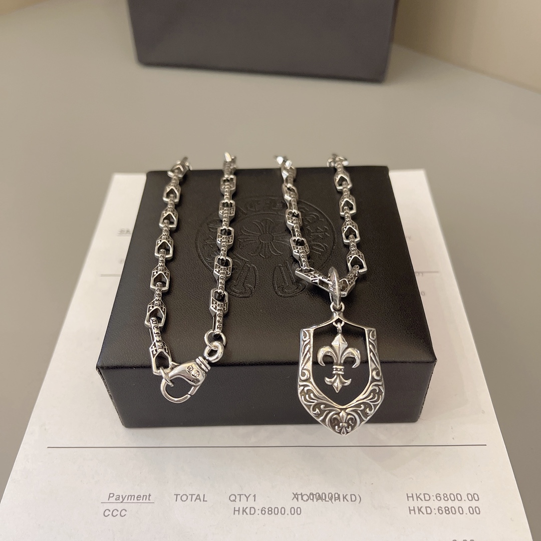 Chrome Hearts Sterling Silver Shield - Shaped Fleur - de - Lis Pendant Necklace (Engraved Link Chain) CH - SF01