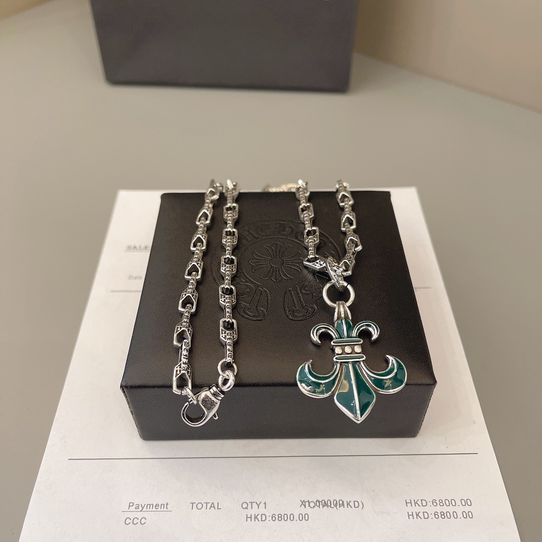 Chrome Hearts Sterling Silver Enamel - Inlaid Fleur - de - Lis Pendant Necklace (Geometric Link Chain) CH - EF01