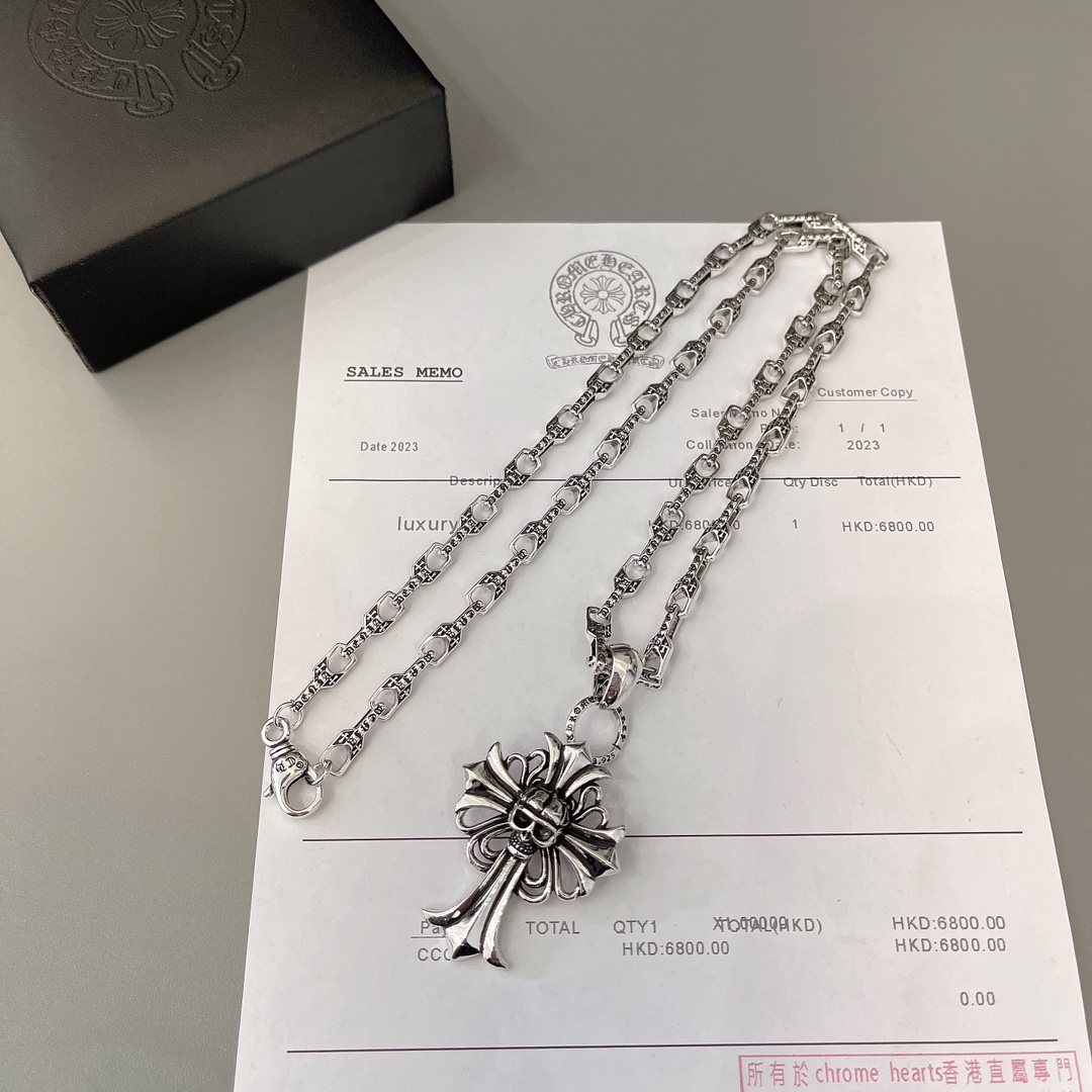 Chrome Hearts Sterling Silver Ornate Cross Pendant Necklace (Square - Link Chain) CH - OC01