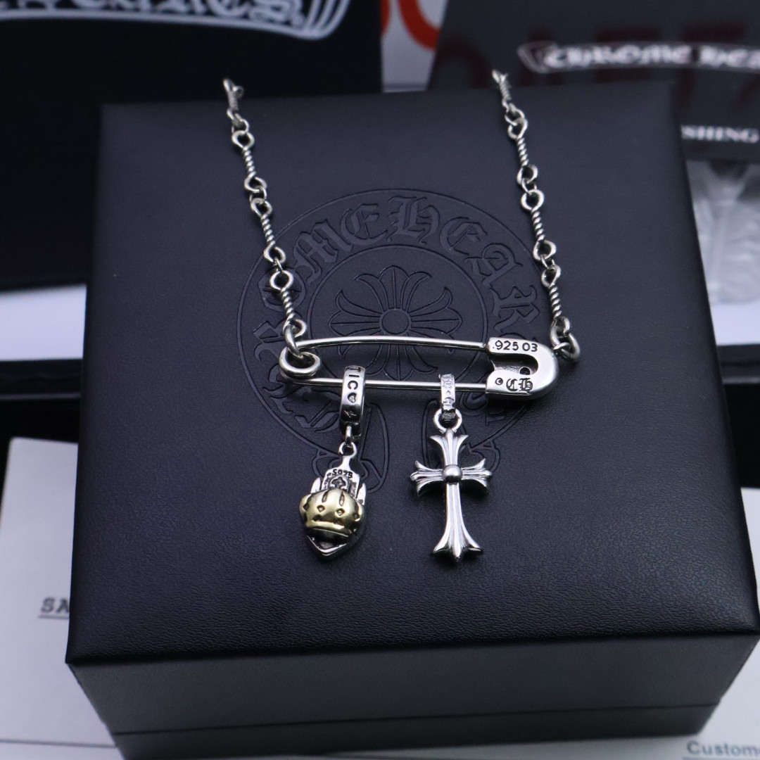 Chrome Hearts Sterling Silver Safety Pin + Cross + Black Gem Heart Pendant Necklace CH - SP03