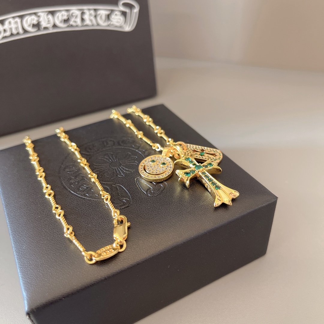 Chrome Hearts Gold - Plated Sterling Silver Gem - Encrusted Multi - Pendant Necklace (Smile, Cross, Tag) CH - GM01
