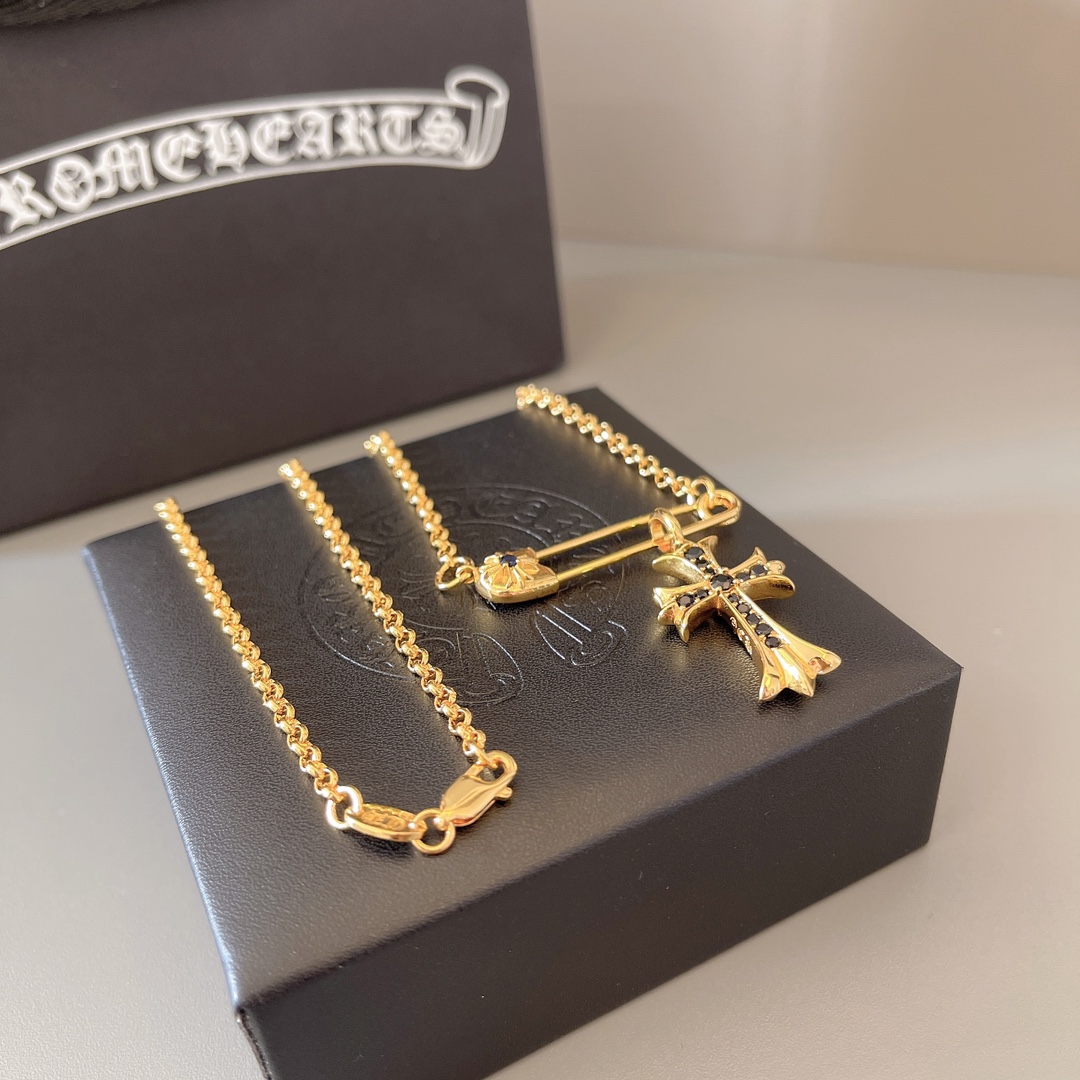 Chrome Hearts Gold - Plated Sterling Silver Black Gem - Encrusted Safety Pin + Cross Pendant Necklace CH - GS02