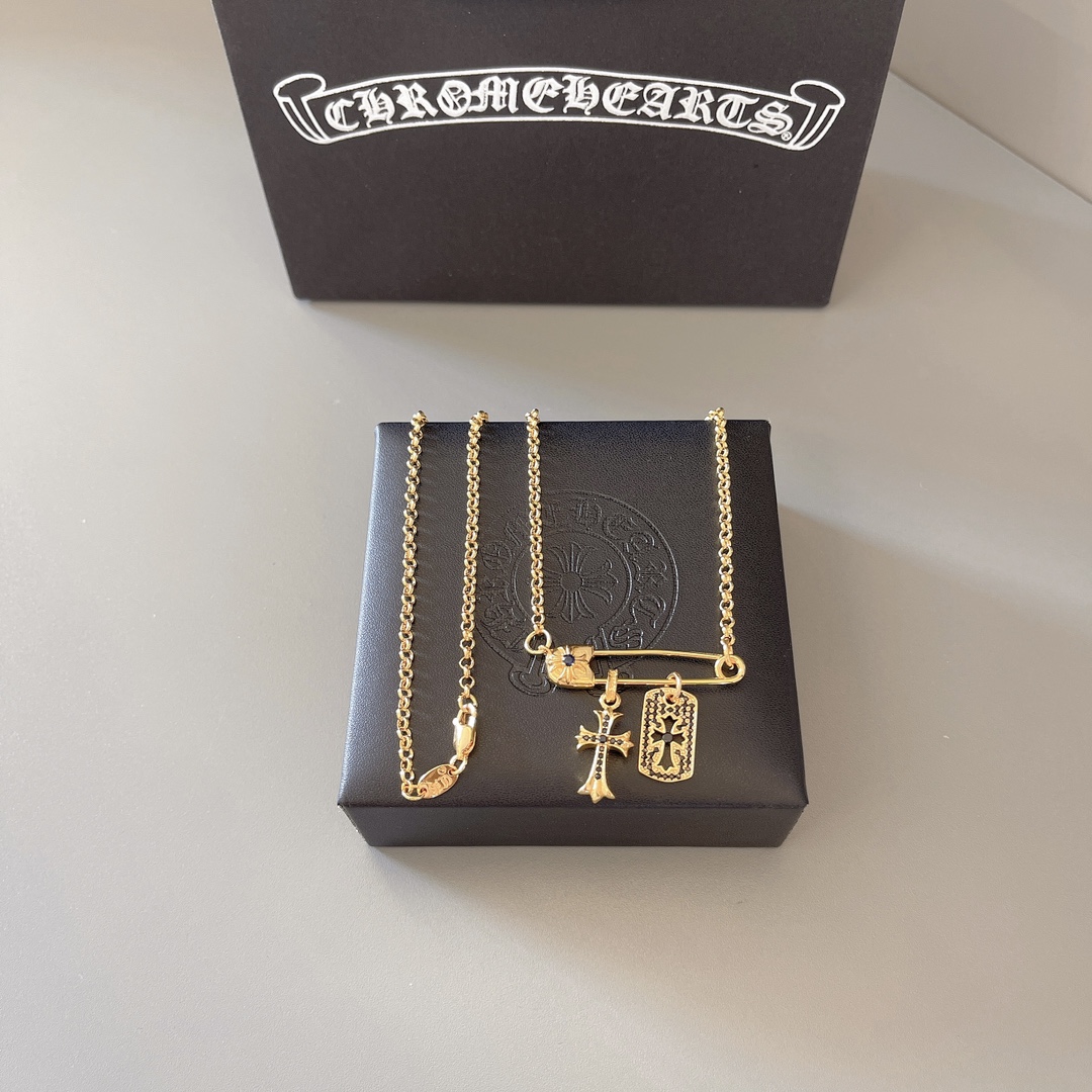 Chrome Hearts Gold - Plated Sterling Silver Safety Pin + Cross + Tag Pendant Necklace CH - GS01