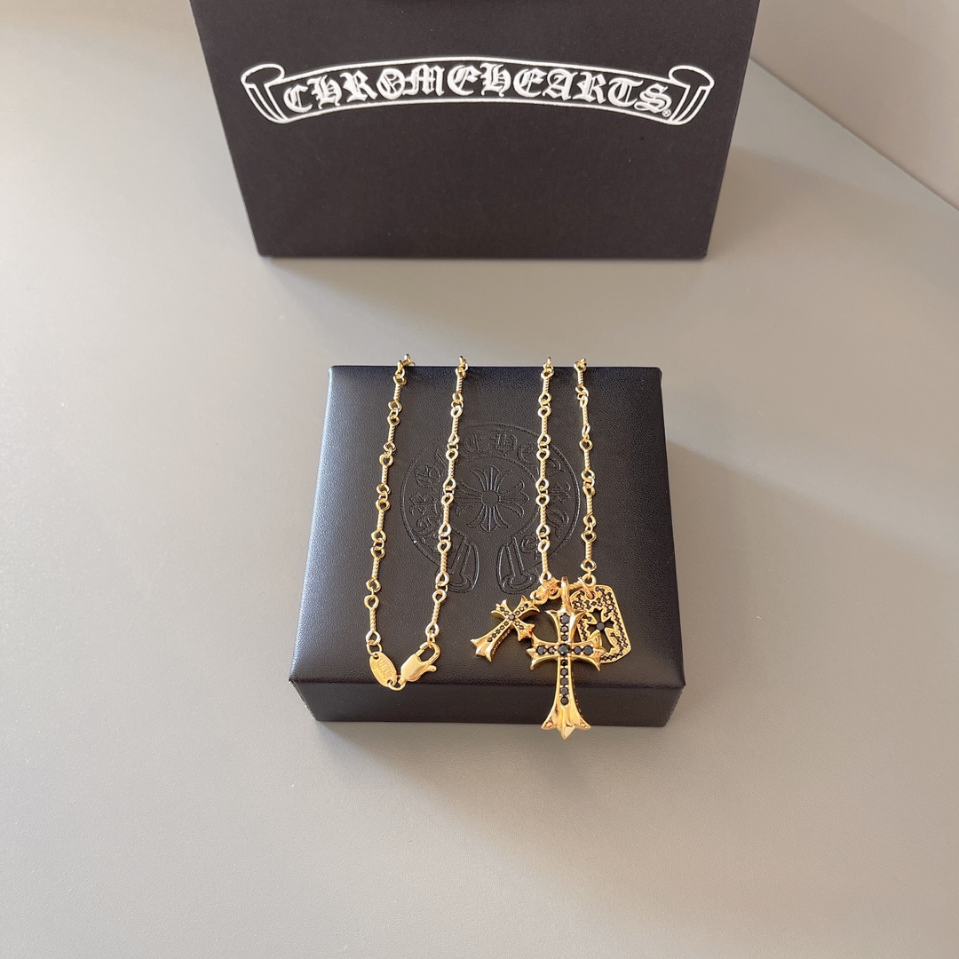 Chrome Hearts Gold - Plated Sterling Silver Black Gem - Encrusted Dual Pendant Necklace CH - GD01