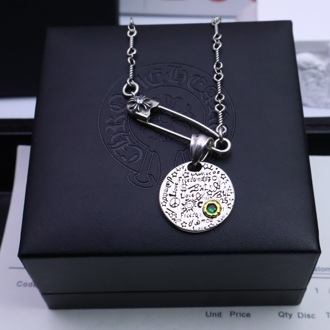 Chrome Hearts Sterling Silver Safety Pin + Engraved Disc Pendant Necklace (Green Gem) CH - SP02