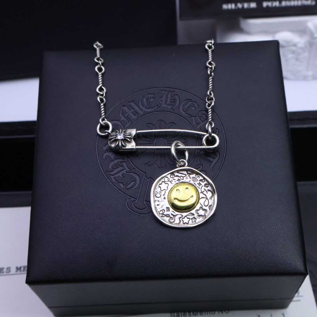 Chrome Hearts Sterling Silver & Gold - Accented Safety Pin + Smile Pendant Necklace CH - SP01