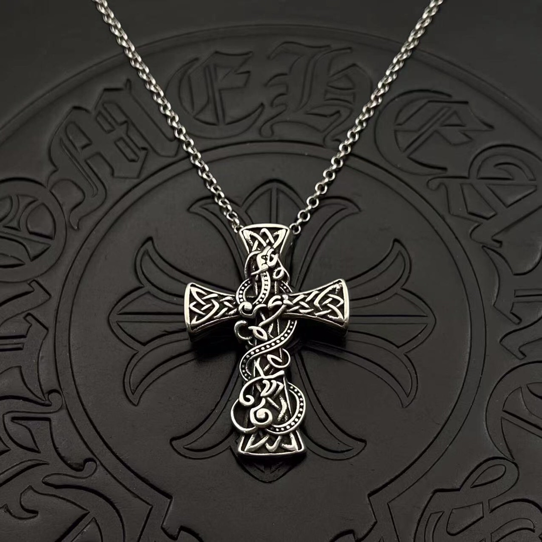 Chrome Hearts Sterling Silver Celtic Knot & Serpent - Wrapped Cross Pendant Necklace CH - CS01