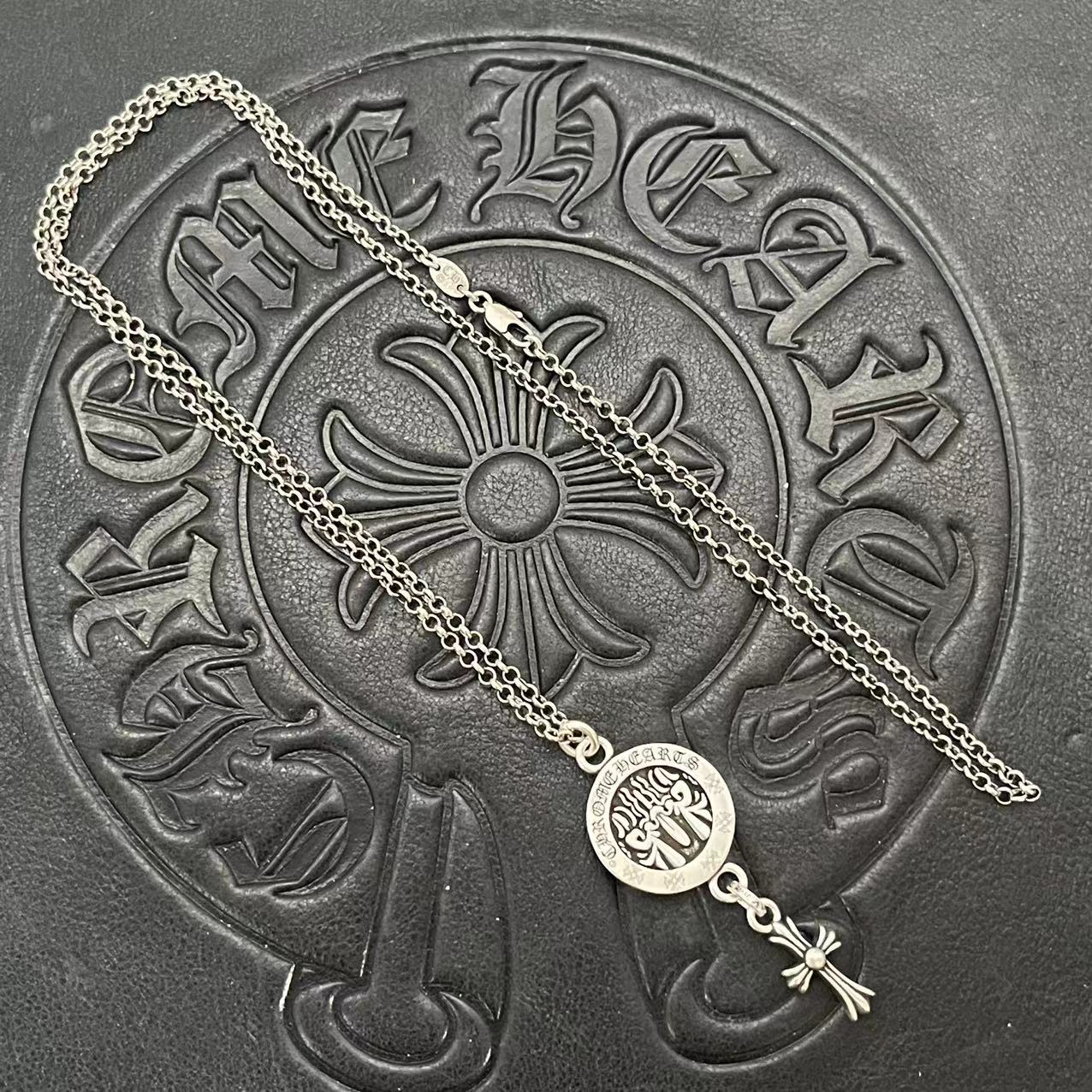 Chrome Hearts Sterling Silver Engraved Circle - Cross Dual Pendant Necklace CH - CC01