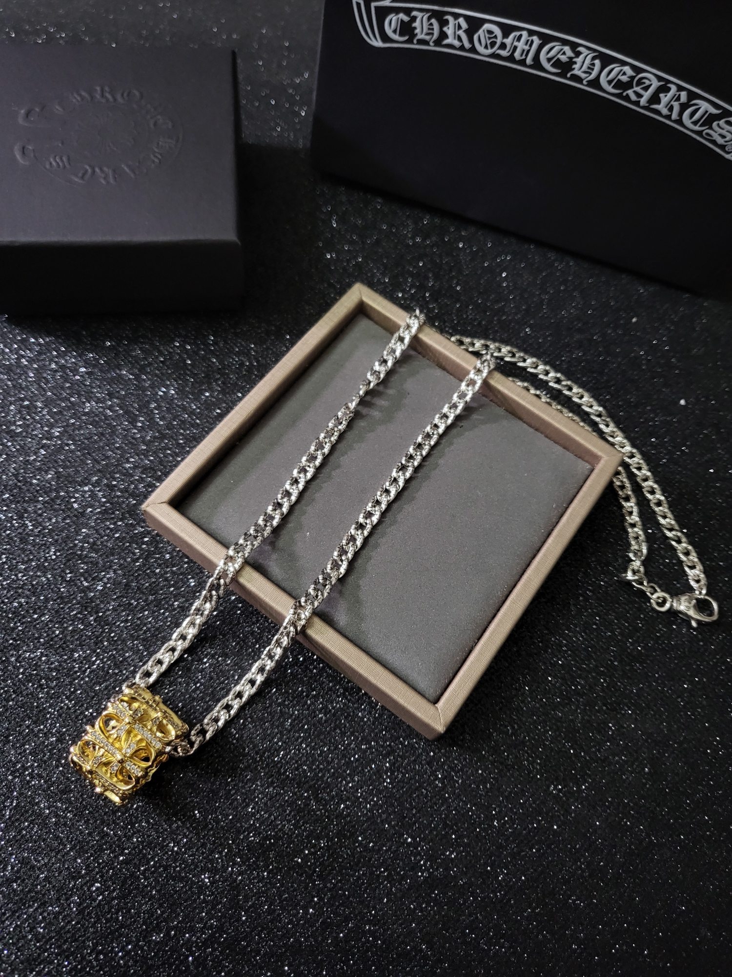 Chrome Hearts Two - Tone Gold - Accented Openwork Cylinder Pendant Necklace CH - GC01