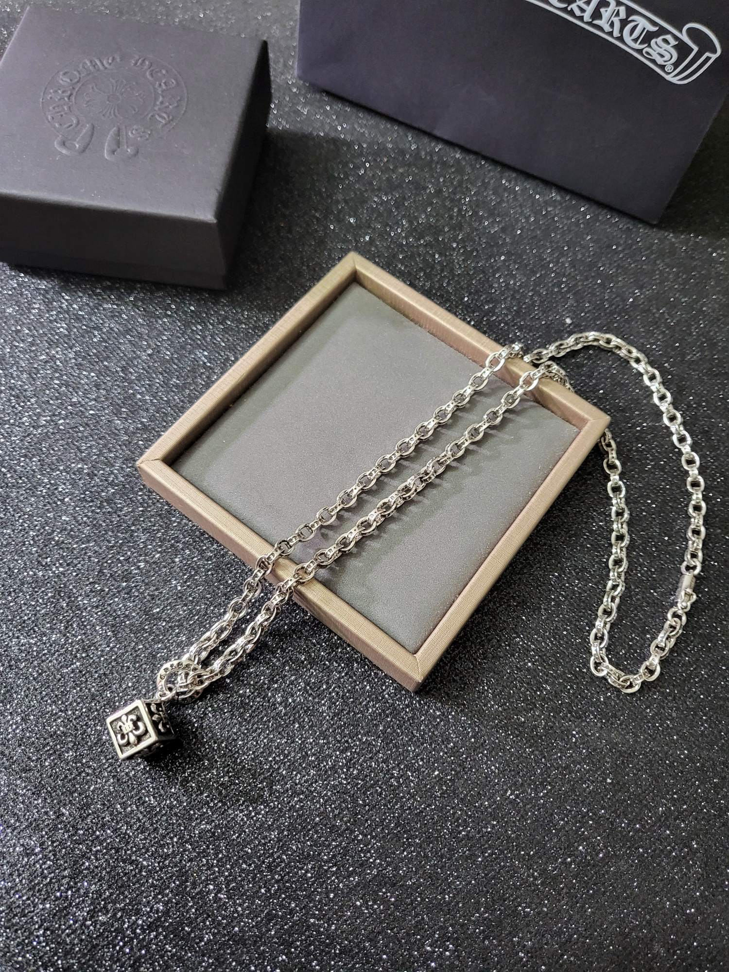 Chrome Hearts Sterling Silver Engraved Cube Pendant Necklace CH - CU01
