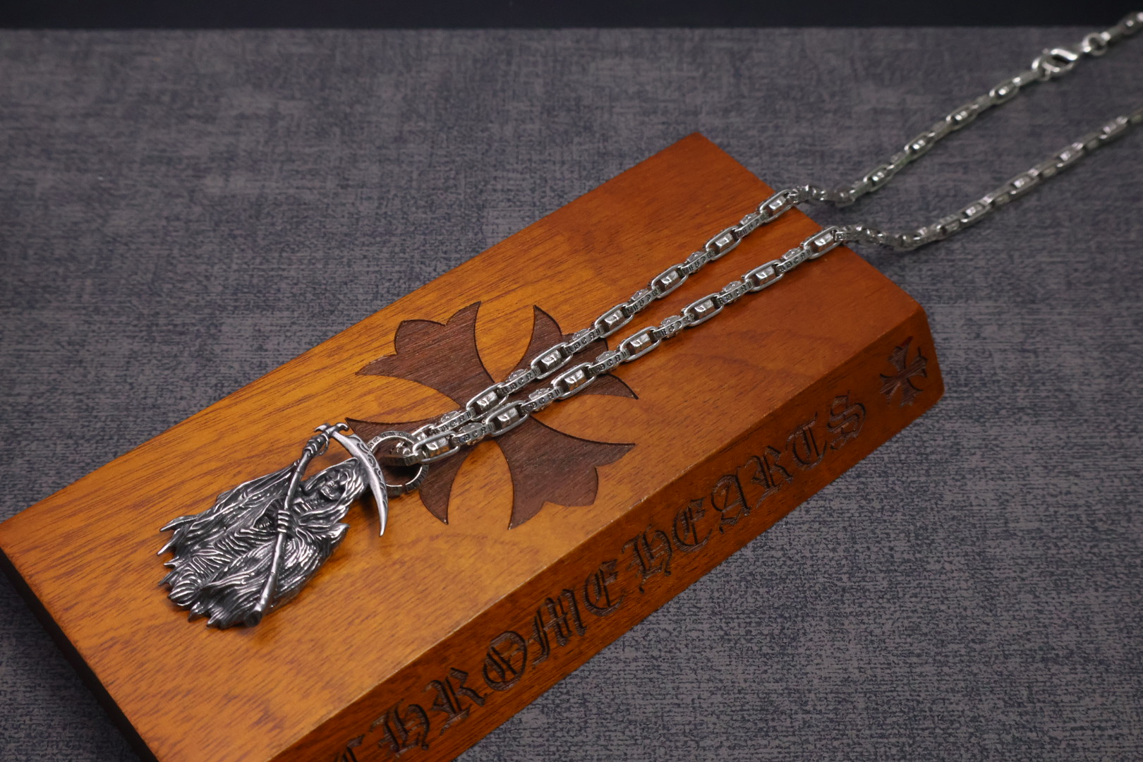 Chrome Hearts Sterling Silver Grim Reaper Pendant Necklace with Engraved Chain