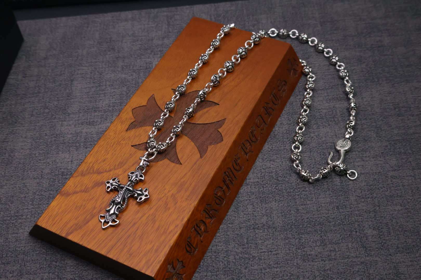 Chrome Hearts Sterling Silver Ornate Cross Pendant Necklace with Bead Chain