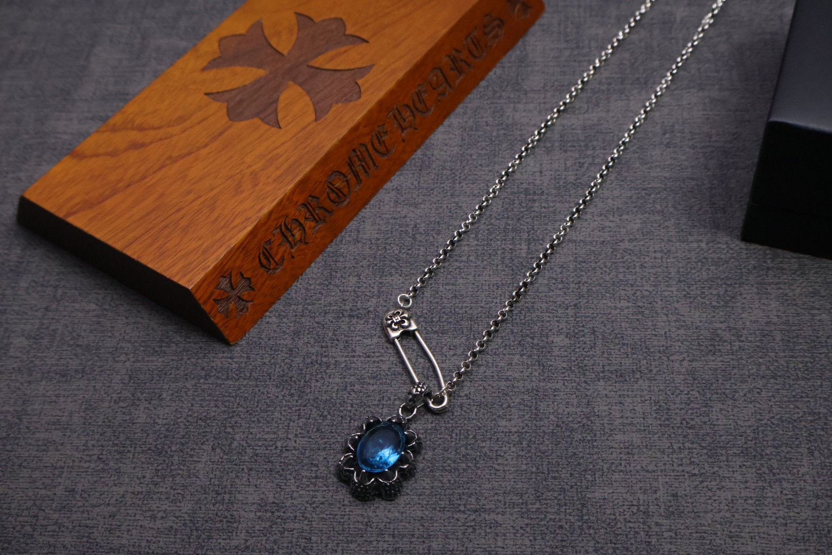 Chrome Hearts Sterling Silver Safety Pin & Blue Gem Pendant Necklace