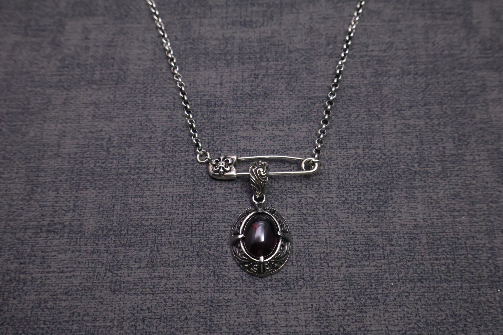 Chrome Hearts Sterling Silver Safety Pin & Oval Gem Pendant Necklace