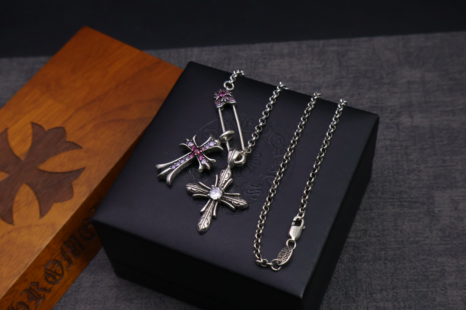 Chrome Hearts Gold - Tone Double Pendant Necklace: Black - Gem Cross & Mother - of - Pearl Rose