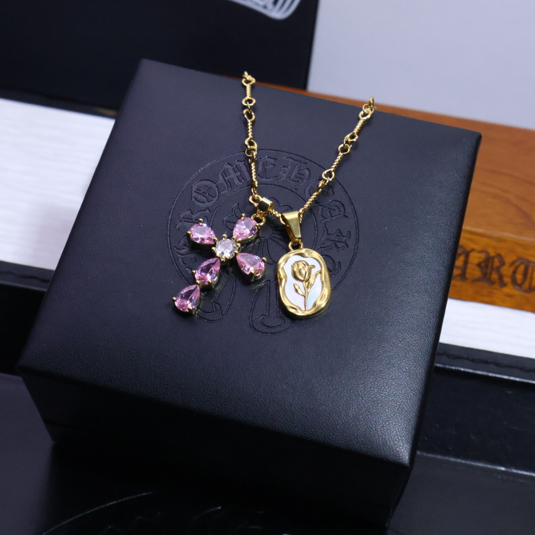 Chrome Hearts Gold - Tone Double Pendant Necklace: Pink Gem Cross & Mother - of - Pearl Rose