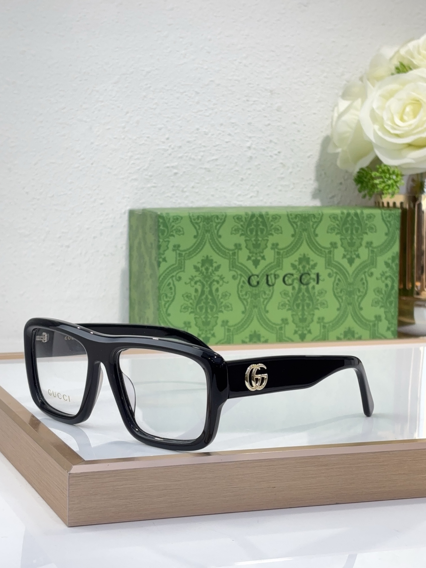 Gucci Square Acetate Optical Eyeglasses with Gold Double G Accents - GG1140O